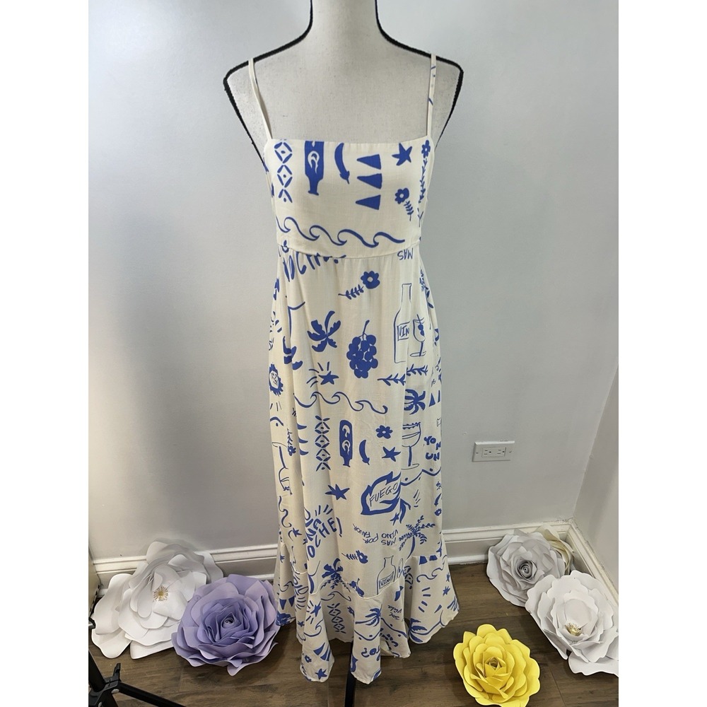 Paper Heart  Dress  White Blue Sun Summer Spanish Wine Tie Back Medium